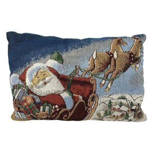 Santa Claus Tapestry Throw Pillow With Sleigh Reindeer Scene 12 x 18